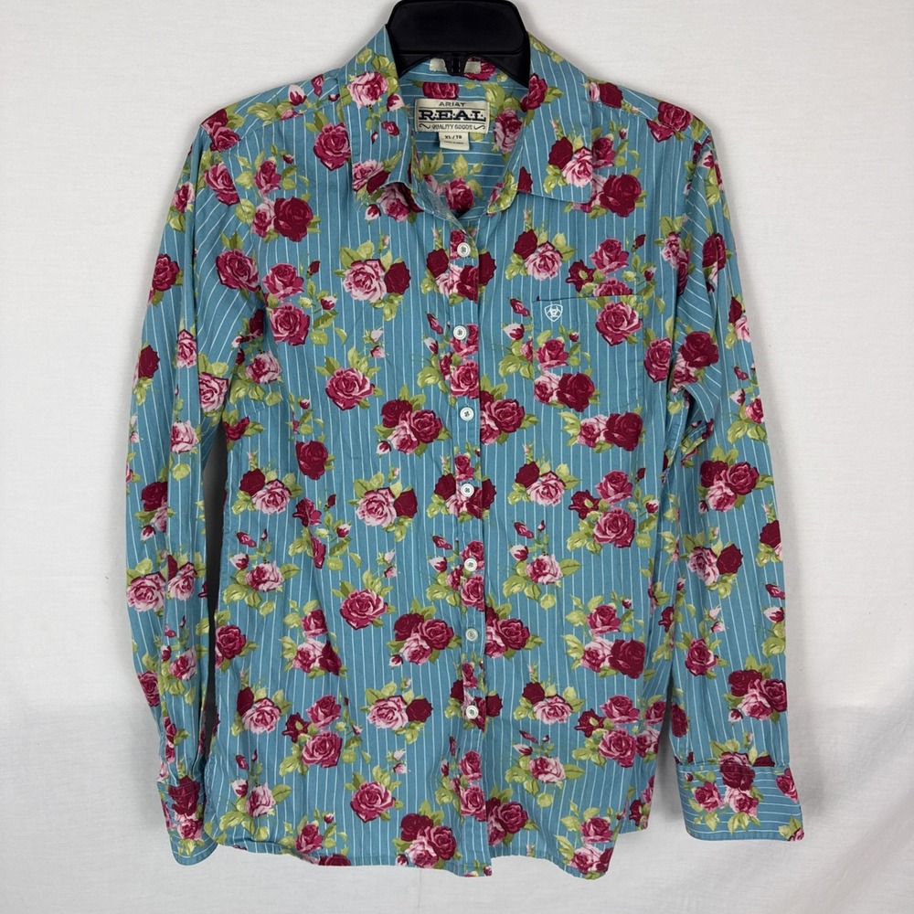 Ariat Western Shirt Womens Size XL Turquoise Pink Red Roses Button Long Sleeve